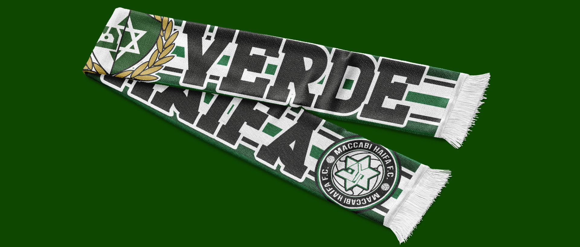 Match scarf — heavy display type wrapped around the crest.