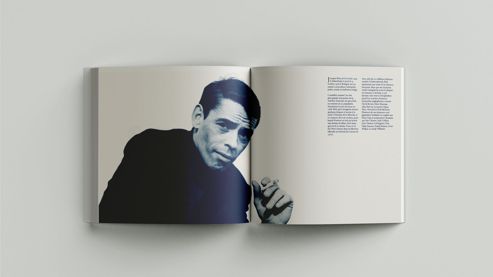 Opening spread — a duotone portrait of Brel set against a narrow two-column biography.