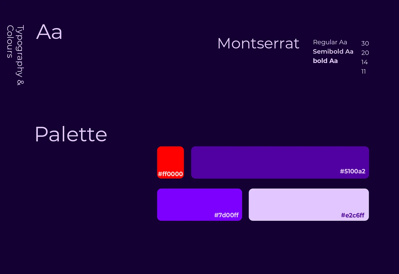 Montserrat across four weights, with a four-colour palette: #5100a2, #7d00ff, #e2c6ff and a single red accent.