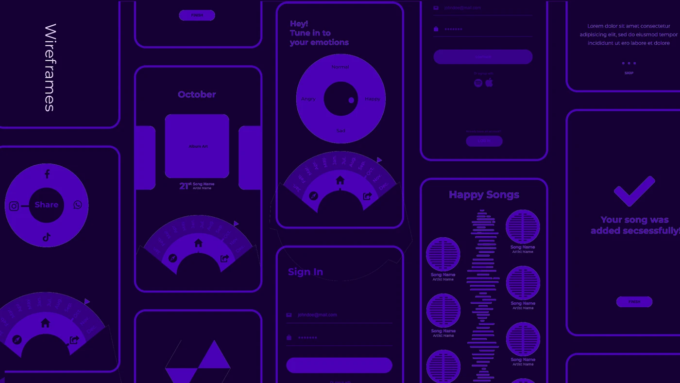 Wireframes — every screen mapped in flat violet before a single shadow was drawn.