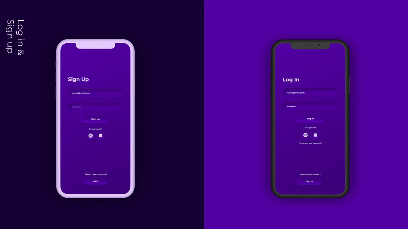 Sign up and log in, shown in both light-cased and dark-cased devices.